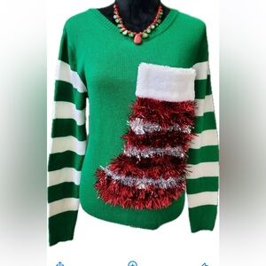 NWOT Sunset & Sixth Women's Green Long Sleeve Knit Ugly Christmas Sweater Size M